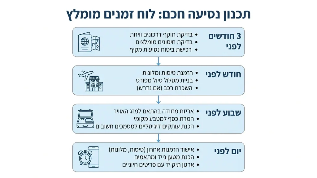 אחרי הכותרת השנייה המדברת על תכנון מוקדם והיערכות לנסיעה מזוודות ארוזות ודרכון מונחים על שולחן לקראת נסיעה לחוץ לארץ