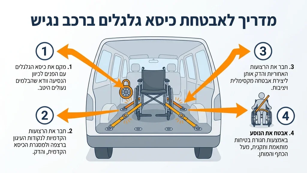 A professional driver carefully securing a wheelchair inside a spacious accessible vehicle using proper tie-down straps. נהג מקצועי מאבטח כיסא גלגלים בתוך רכב הסעות נגיש